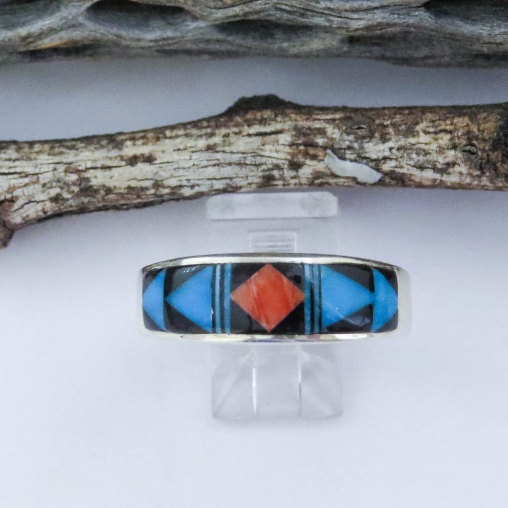 Turquoise Spiny Oyster Black Onyx Inlay Sterling Silver Ring SZ 13 1/2